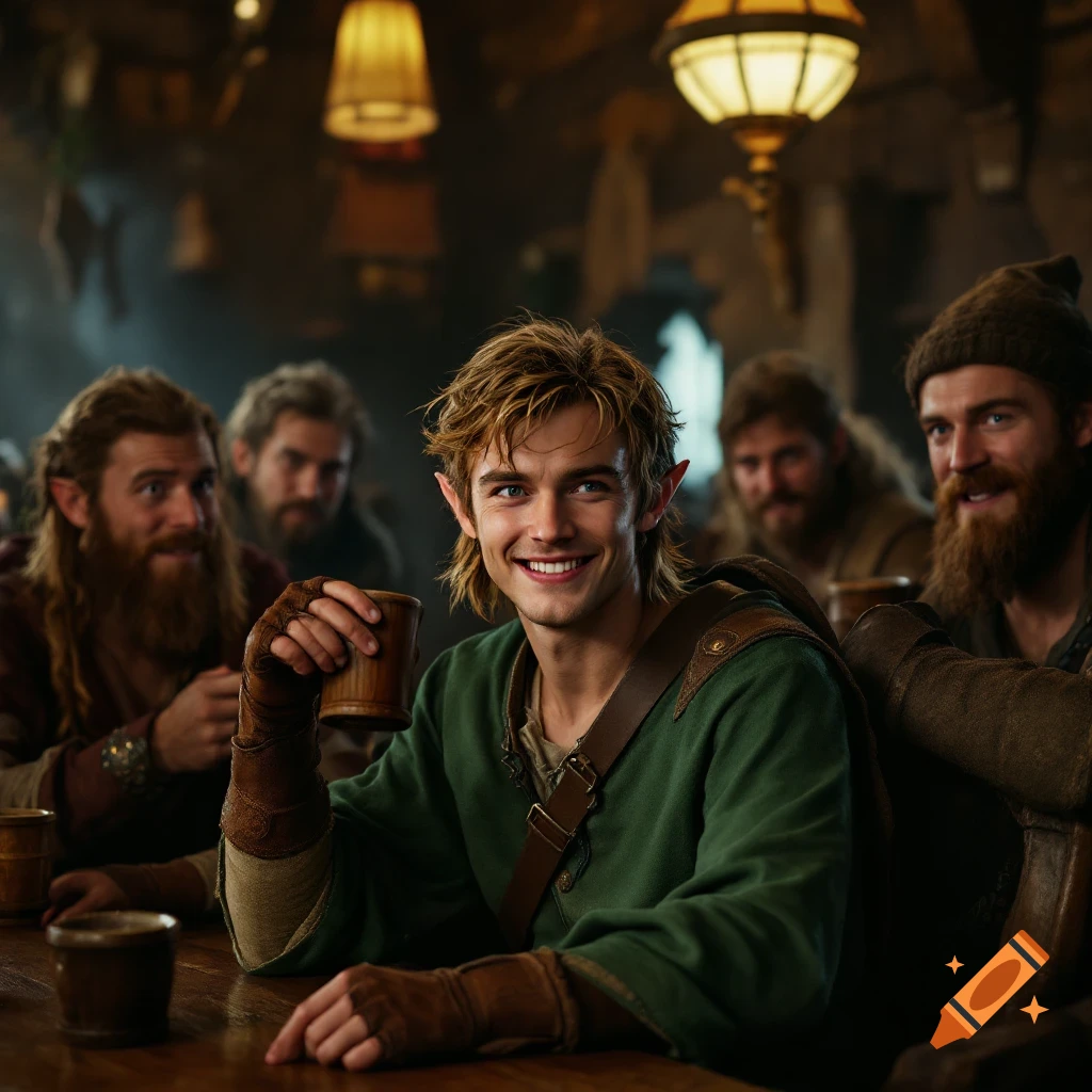 Young man with pointed ears smiles, holding a mug at a tavern bar with other figures.