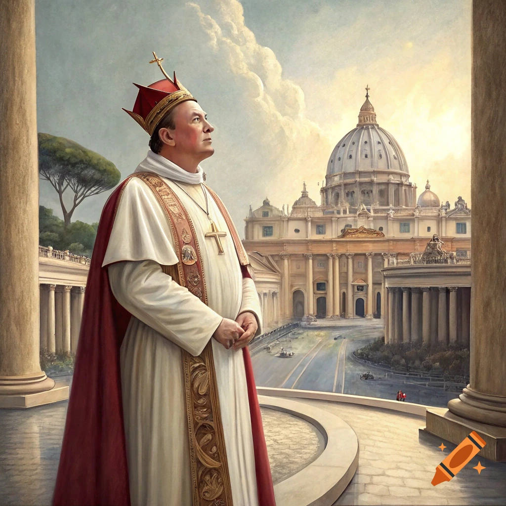 Person resembling Elon Musk dressed as Pope overlooks Vatican City square in painting.