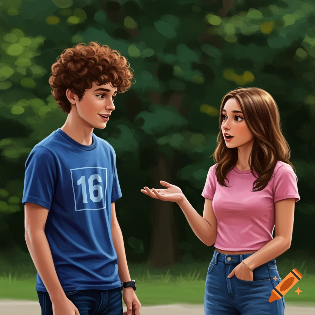 A boy and a girl talking outdoors.