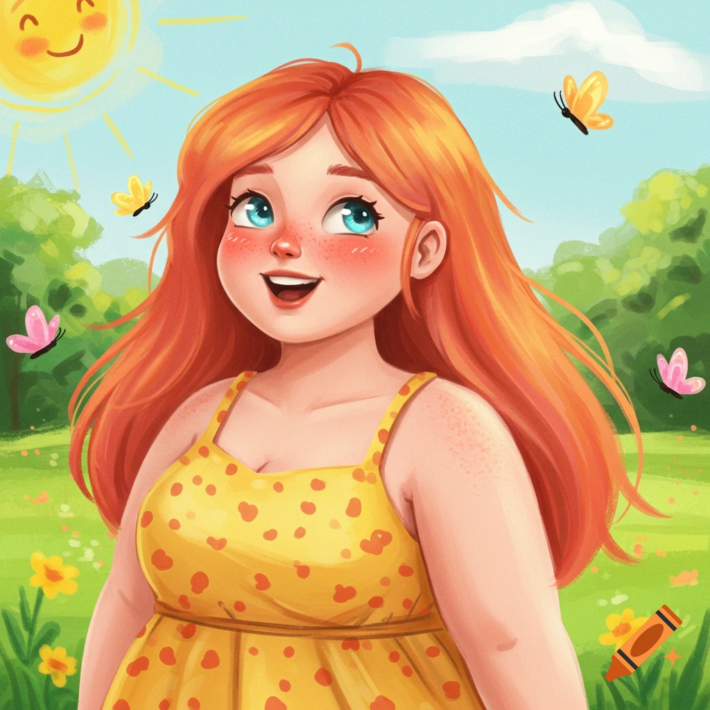 A smiling girl with red hair and freckles in a sunny field with butterflies.
