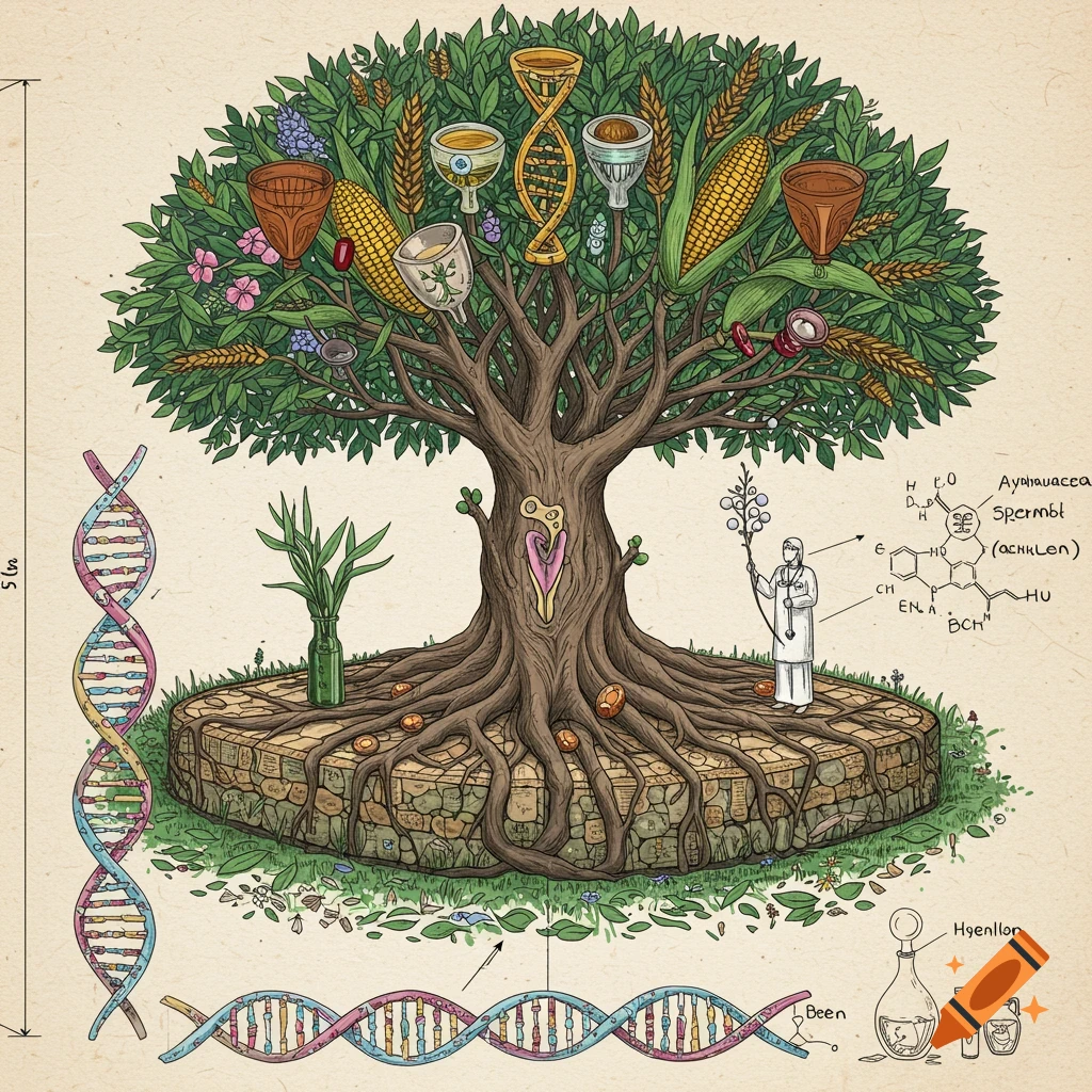 Illustration of a stylized tree with roots on a stone base, surrounded by DNA helices, plants, a figure, and chemical structures.