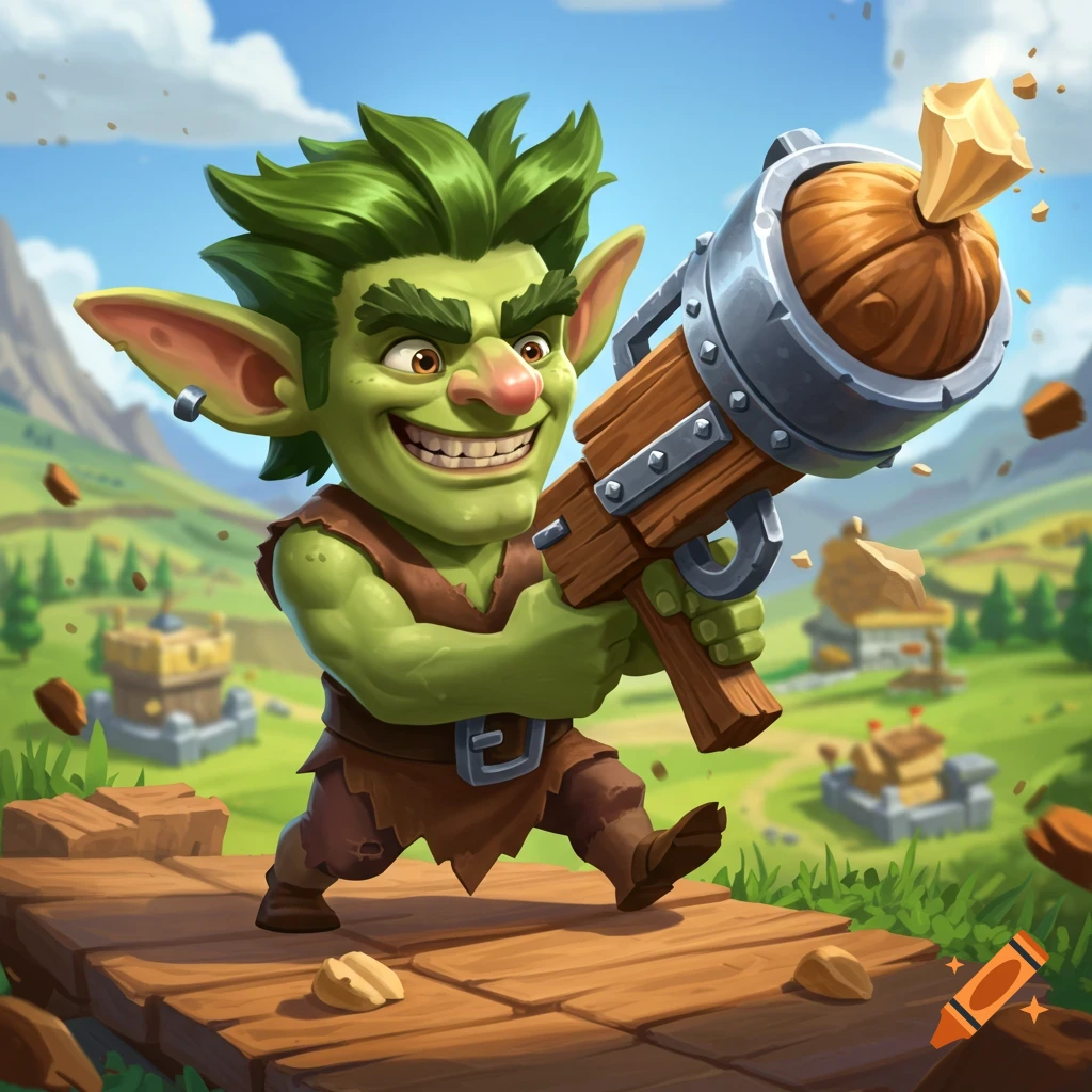 A cartoon goblin with a large wooden weapon walks on a path in a fantasy game art style.