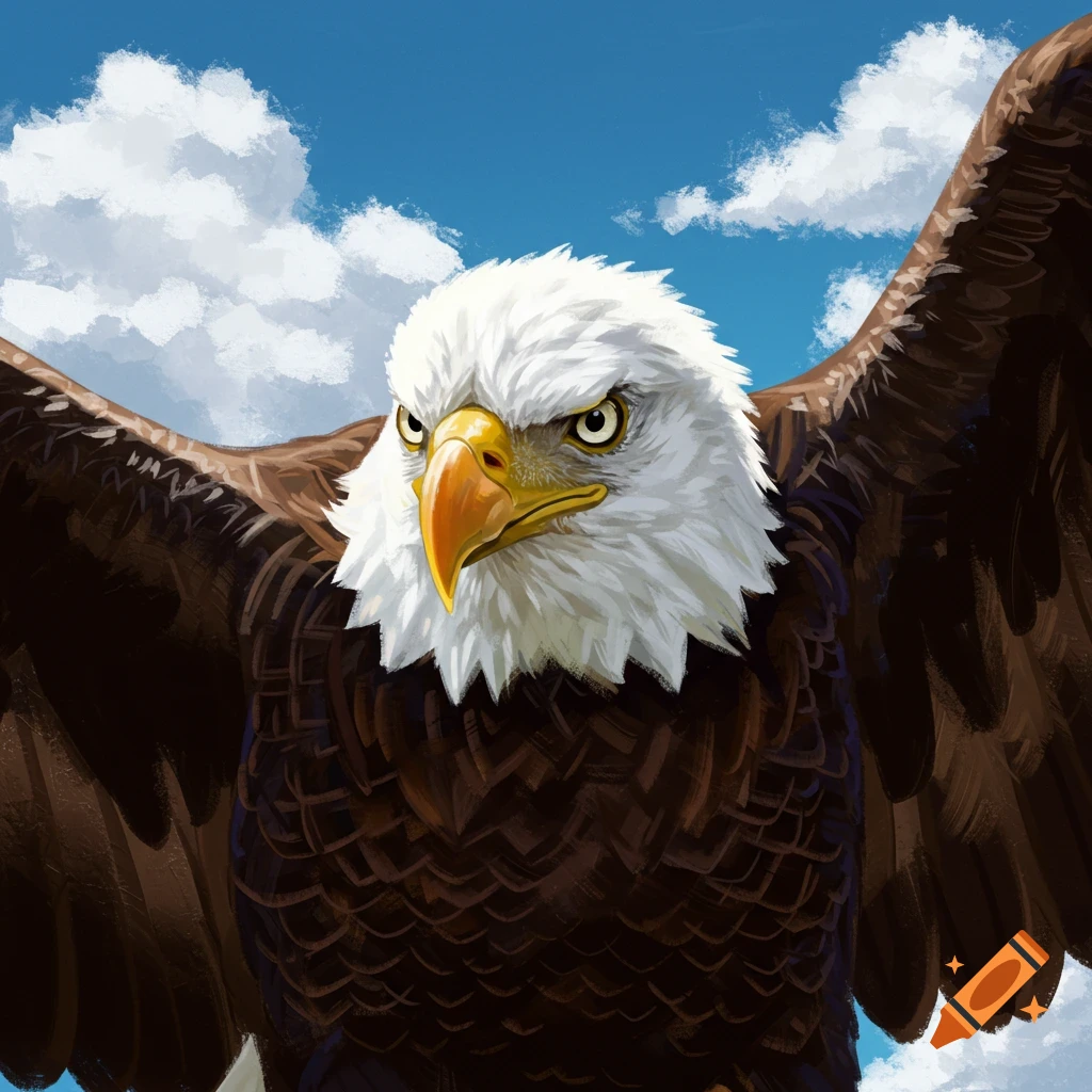 A close-up of a bald eagle with spread wings against a blue sky.