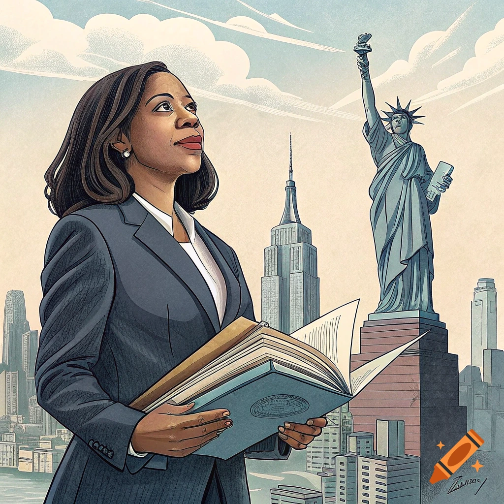 Illustration of a woman in a suit holding a book, looking up at the Statue of Liberty and Empire State Building in the background.