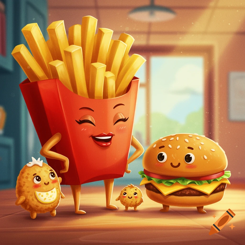 Cartoon anthropomorphic french fries, burger, and tater tots standing together in a kitchen.