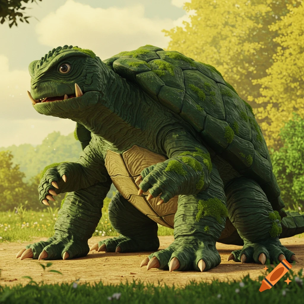 Large green fantasy turtle creature with tusks stands in a grassy forest clearing.