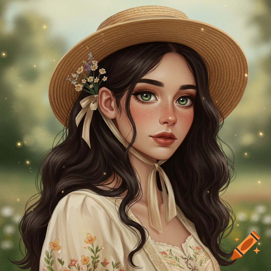 Portrait of a young woman with dark hair, green eyes, and freckles wearing a straw hat and floral dress in a field, artistic style.