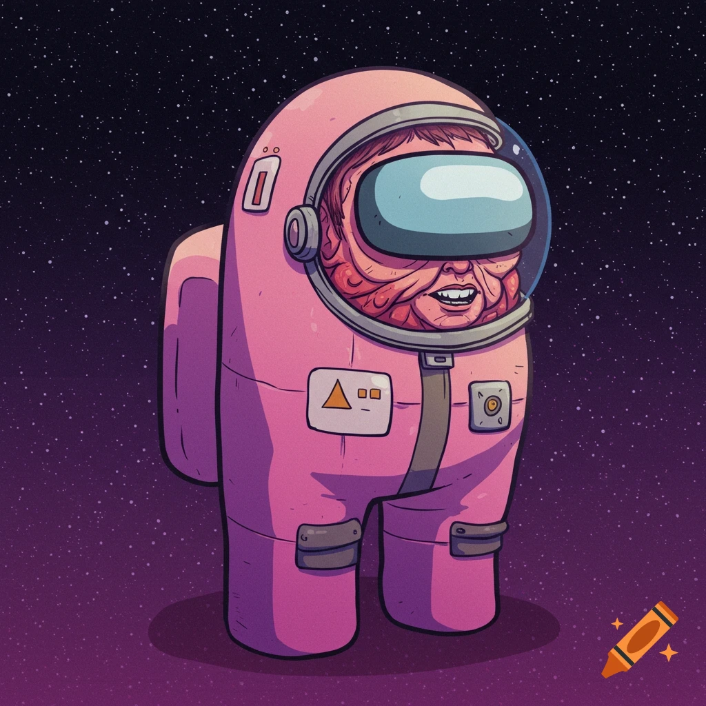 Digital art of a pink Among Us character with a distorted human head inside the visor, standing in space.