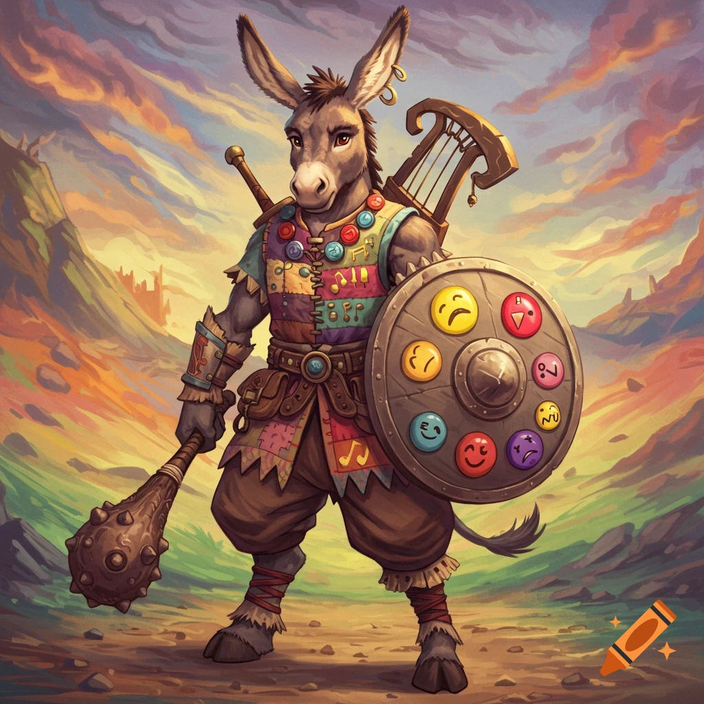 A humanoid donkey warrior wearing colorful armor, holding a shield with emoji faces and a spiked club in a fantasy landscape.