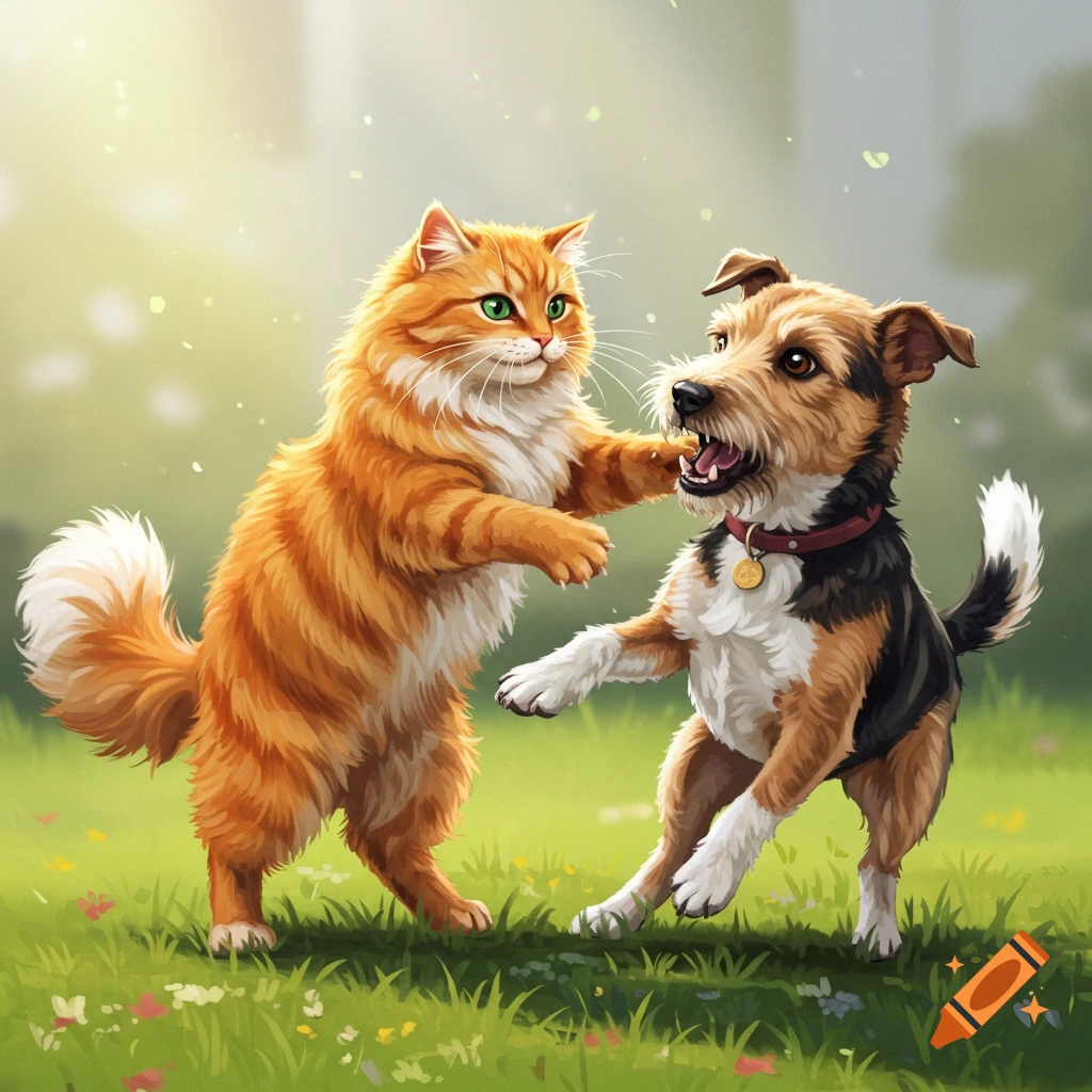 An orange cat and a terrier dog are playing outdoors.