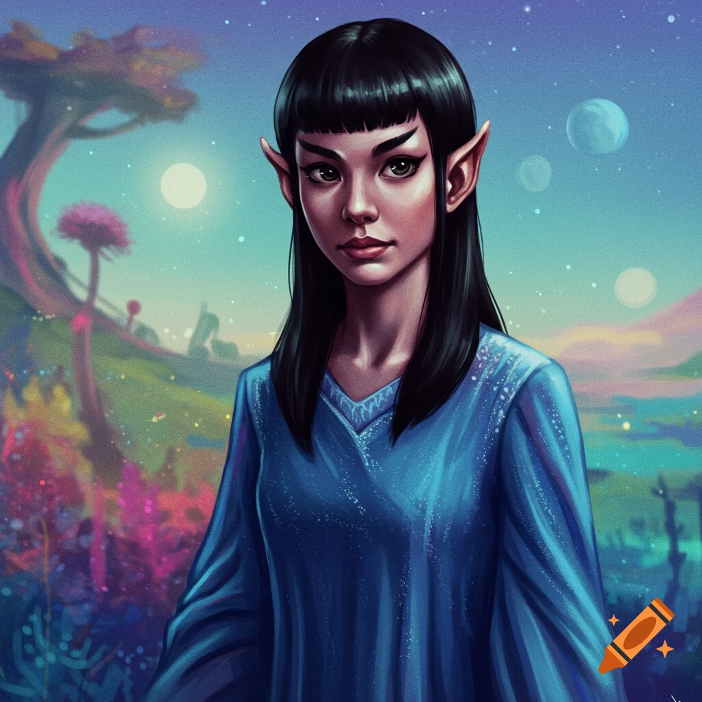 A Vulcan girl in a blue dress stands in an alien landscape with planets in the sky.