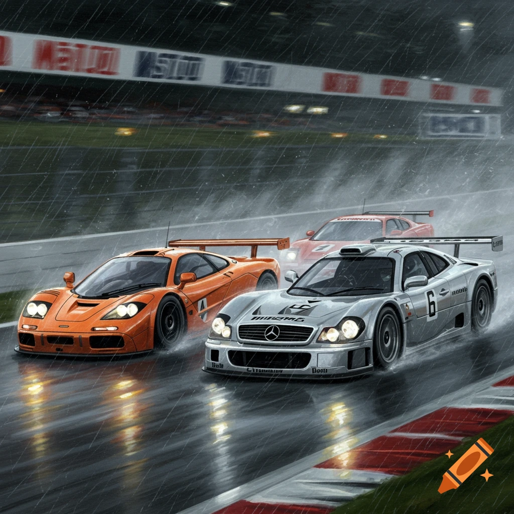 Three race cars speeding on a wet track in heavy rain, oil painting style.