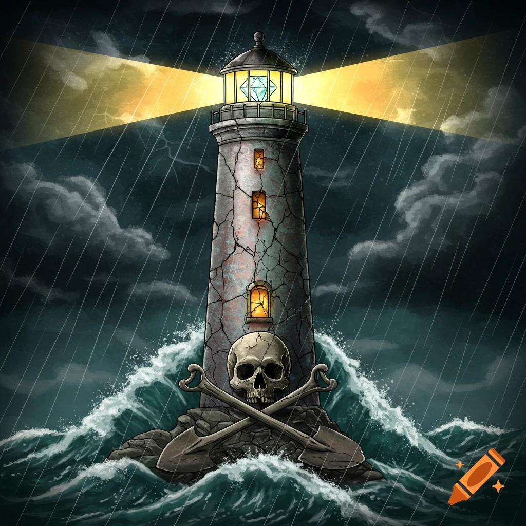 A cracked lighthouse in a storm with a diamond light, a skull and crossed shovels at its base in rough seas.