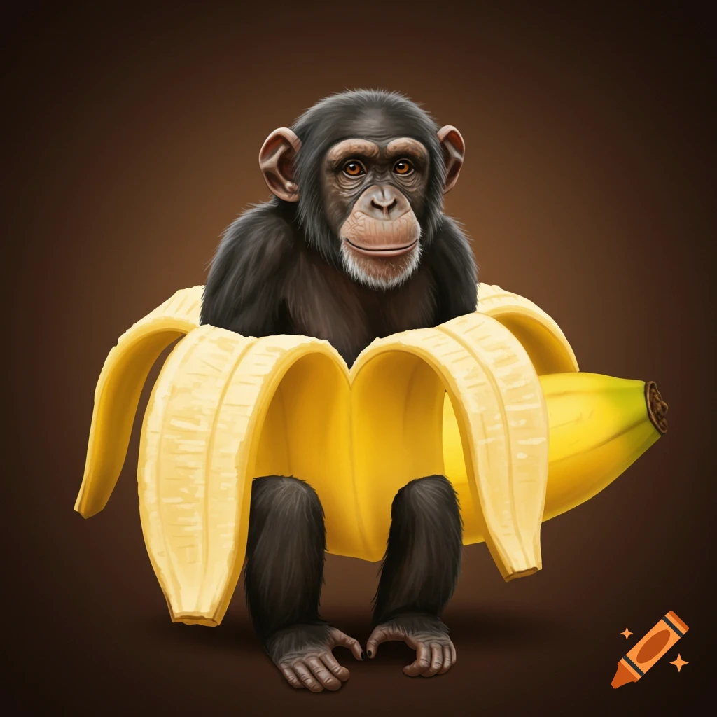 A chimpanzee sitting inside a large peeled banana
