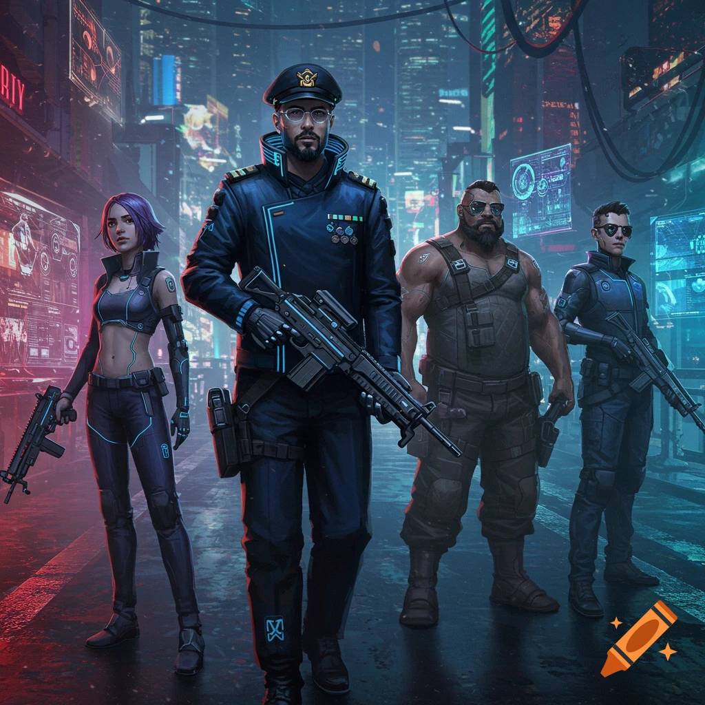 A team walking in a cyberpunk city street.
