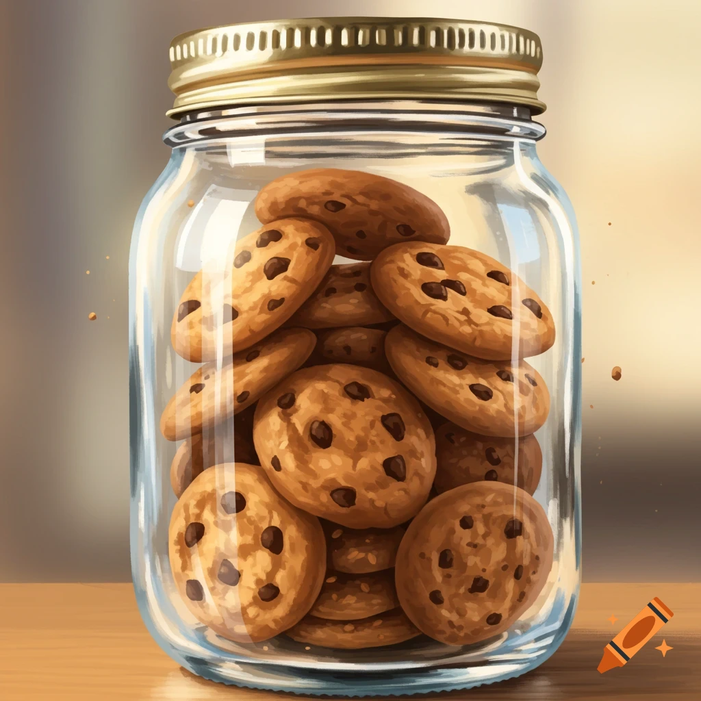 A glass jar full of chocolate chip cookies