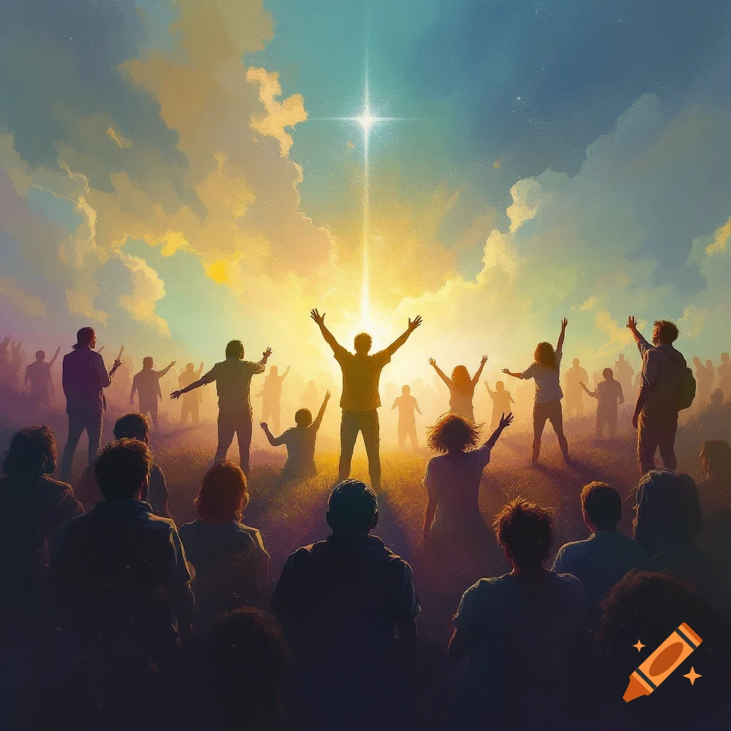 A crowd raising hands towards a bright light in a dramatic sky.