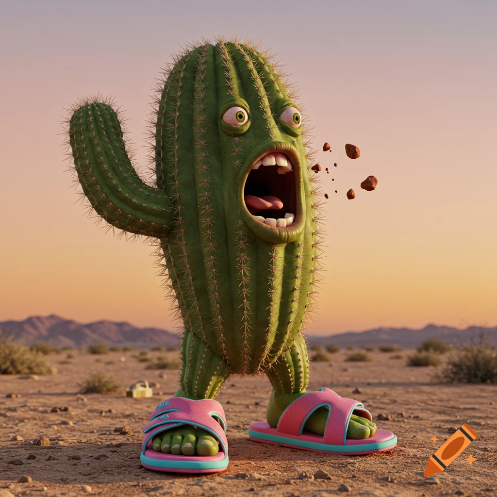 A cartoonish cactus character screaming and wearing pink sandals in a  desert landscape. on Craiyon