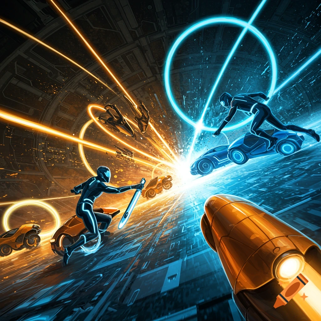 Tron-like scene with blue and orange figures on glowing vehicles racing in a digital grid environment with rings.