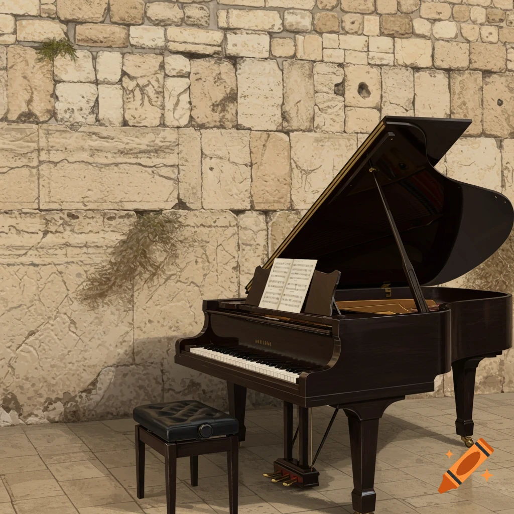 A grand piano and stool are positioned against a stone wall.