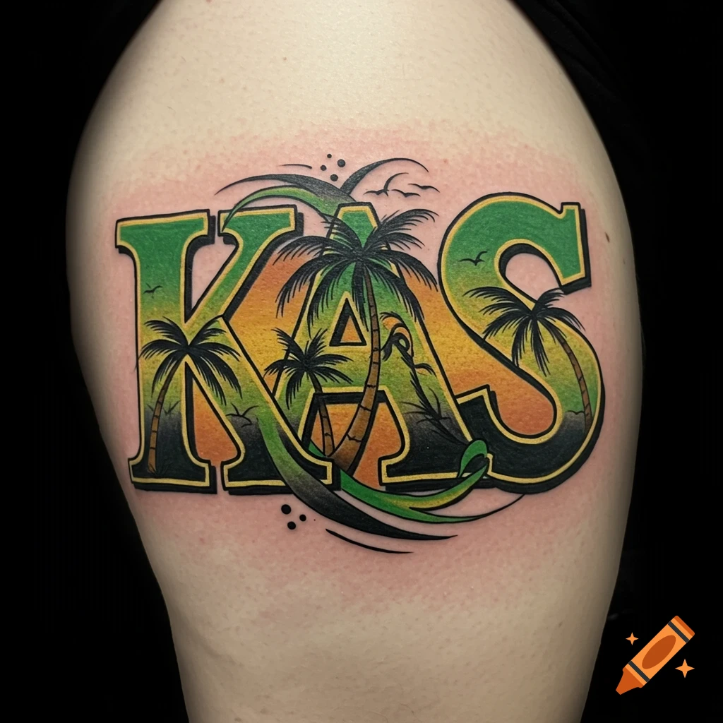 Tattoo of KAS letters with palm trees and tropical sunset gradient on arm