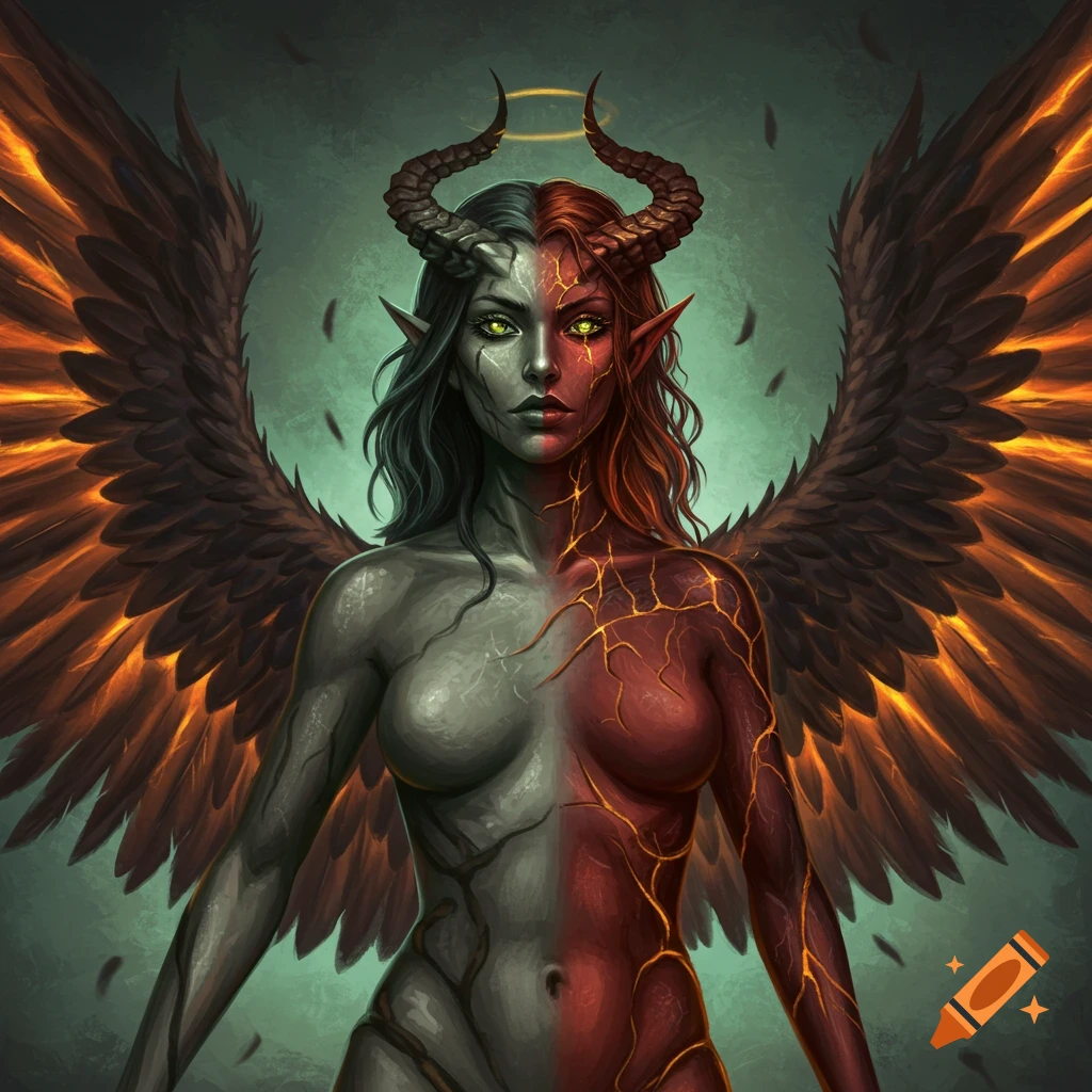 Half angel, half demon female creature with horns, wings, split grey and cracked red skin, and green eyes.