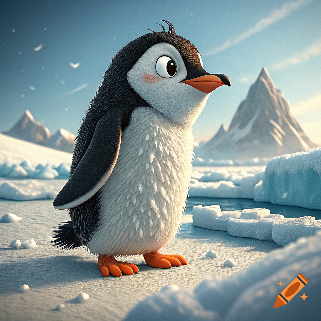 A cute, fluffy cartoon penguin stands in a snowy arctic landscape with icebergs and mountains under a bright sky.