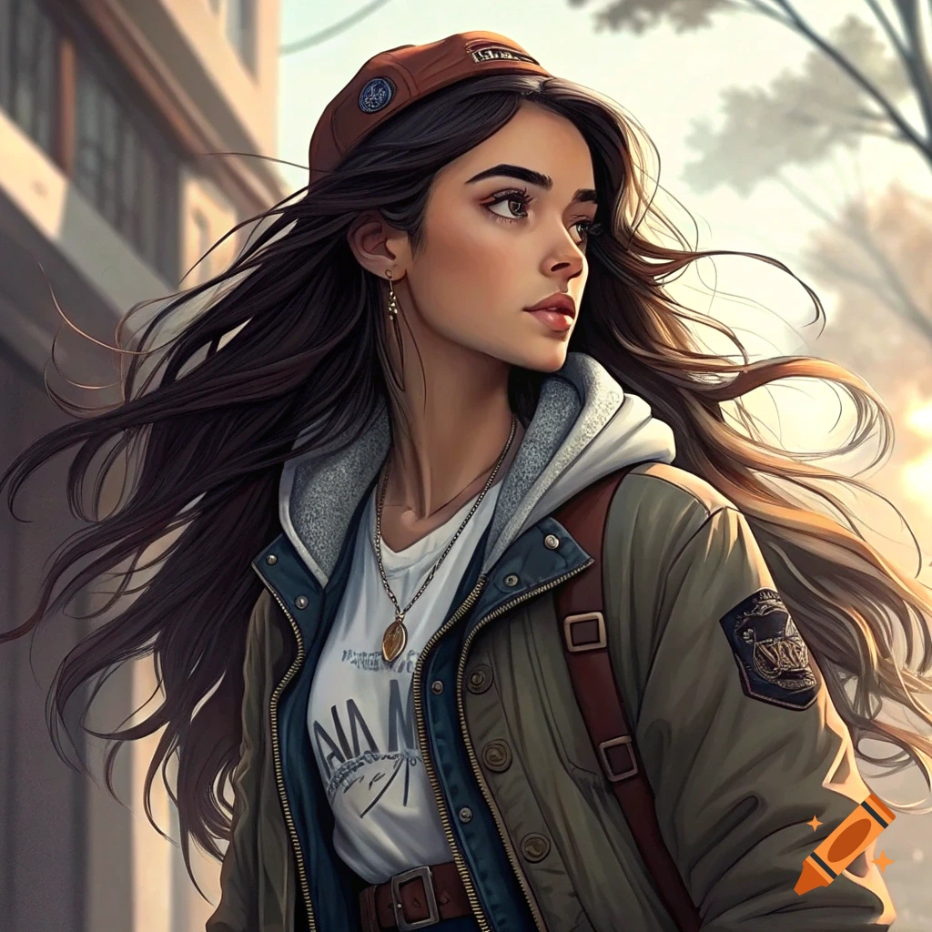 Illustrated portrait of a young woman with long brown hair wearing a cap and jacket outdoors.