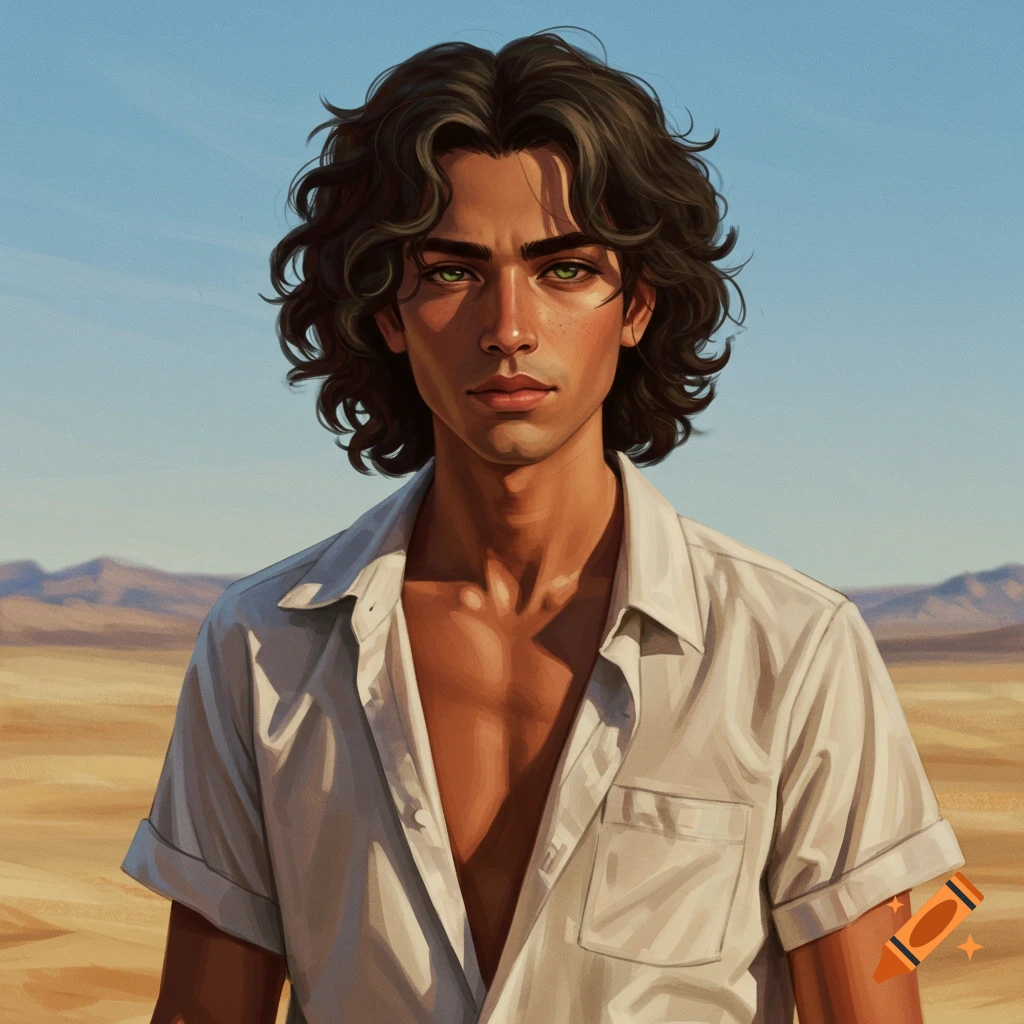 A young man in an open shirt is standing in a desert setting.