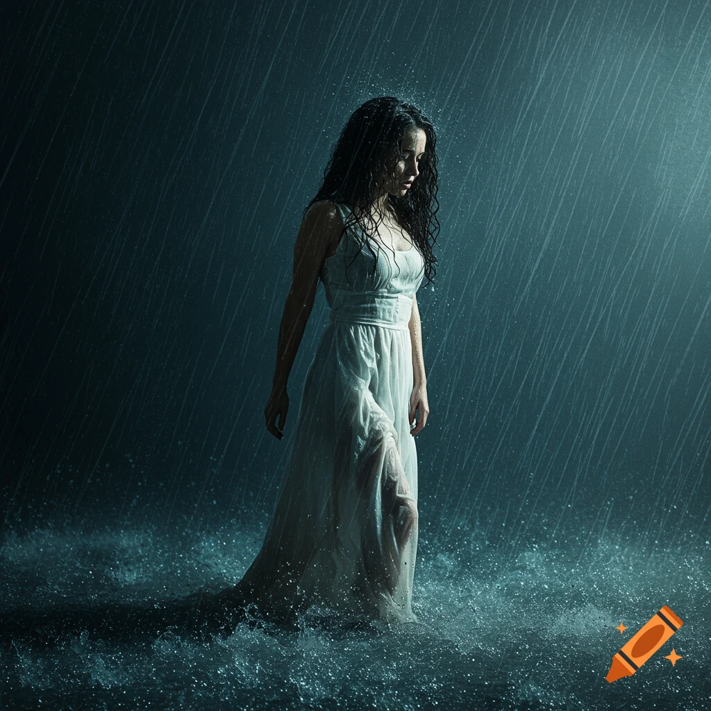 A woman in a white dress walks through water in heavy rain.
