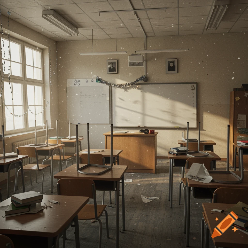 An empty classroom interior with desks, chairs, and a whiteboard, illuminated by light filtering through windows, with a vintage photograph feel.