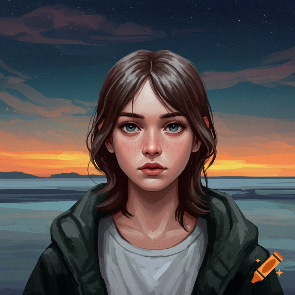 A young woman with freckles and brown hair stands in a sunset landscape.
