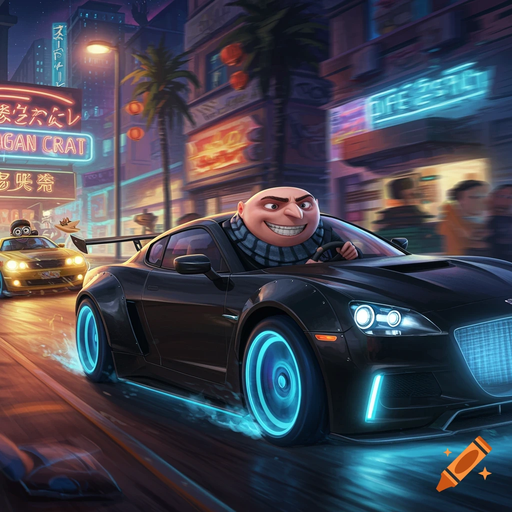 Gru races a black sports car with glowing blue wheels through a neon-lit city street at night, digital art.