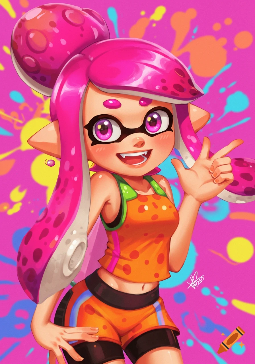 Frye from Splatoon smiling and holding up three fingers