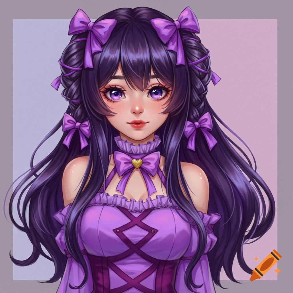 Anime girl with purple hair, eyes, and dress, adorned with bows.