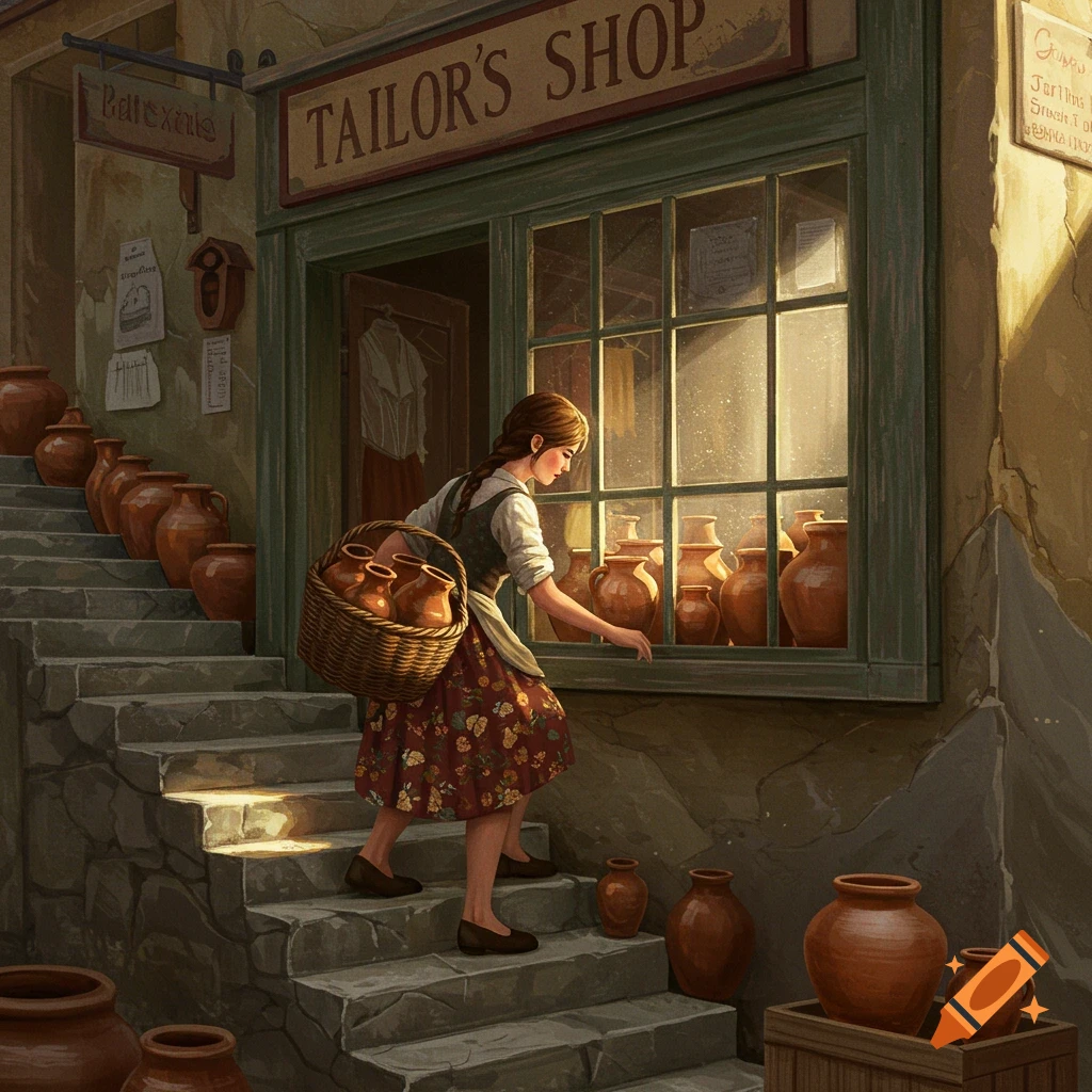 Woman with a basket of pots climbing steps to a tailor's shop.
