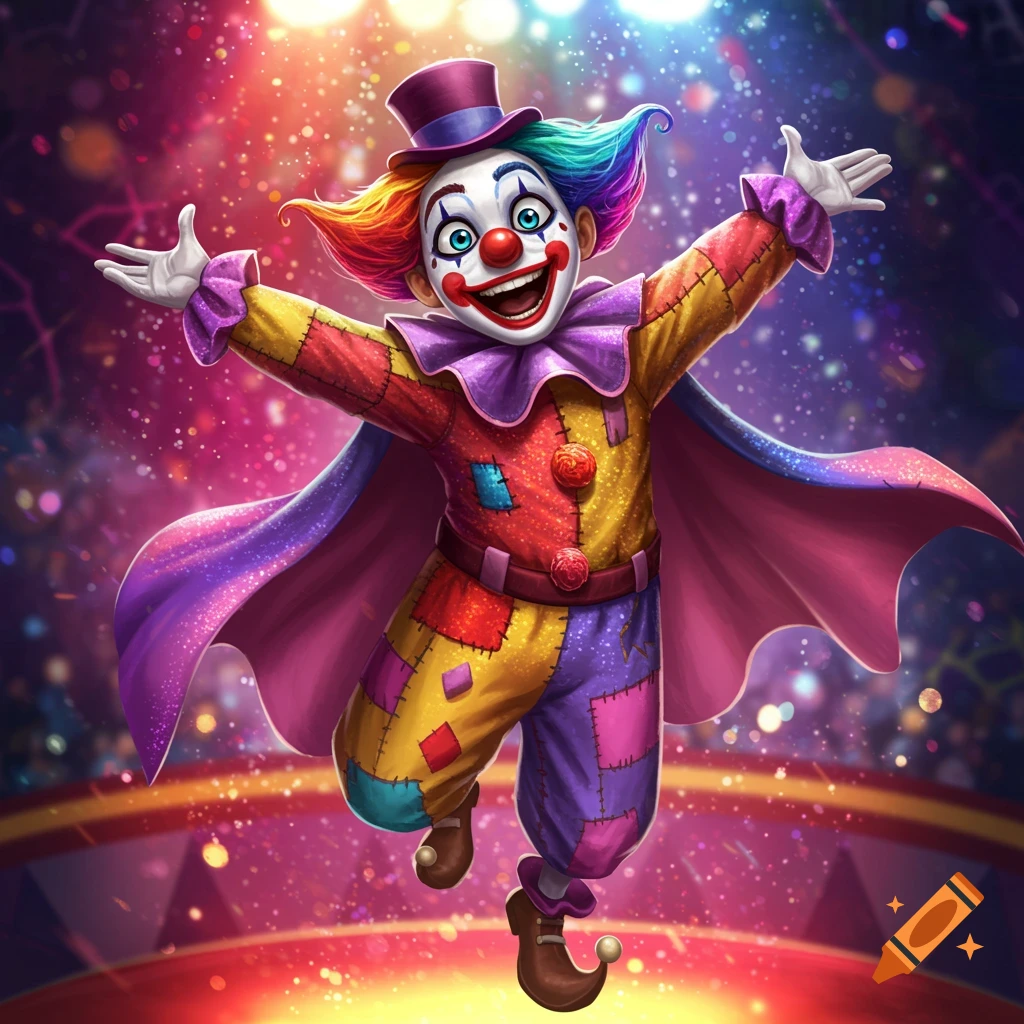 A colorful clown with patchwork clothes, rainbow hair, and a purple cape jumps in a circus tent with bright lights.