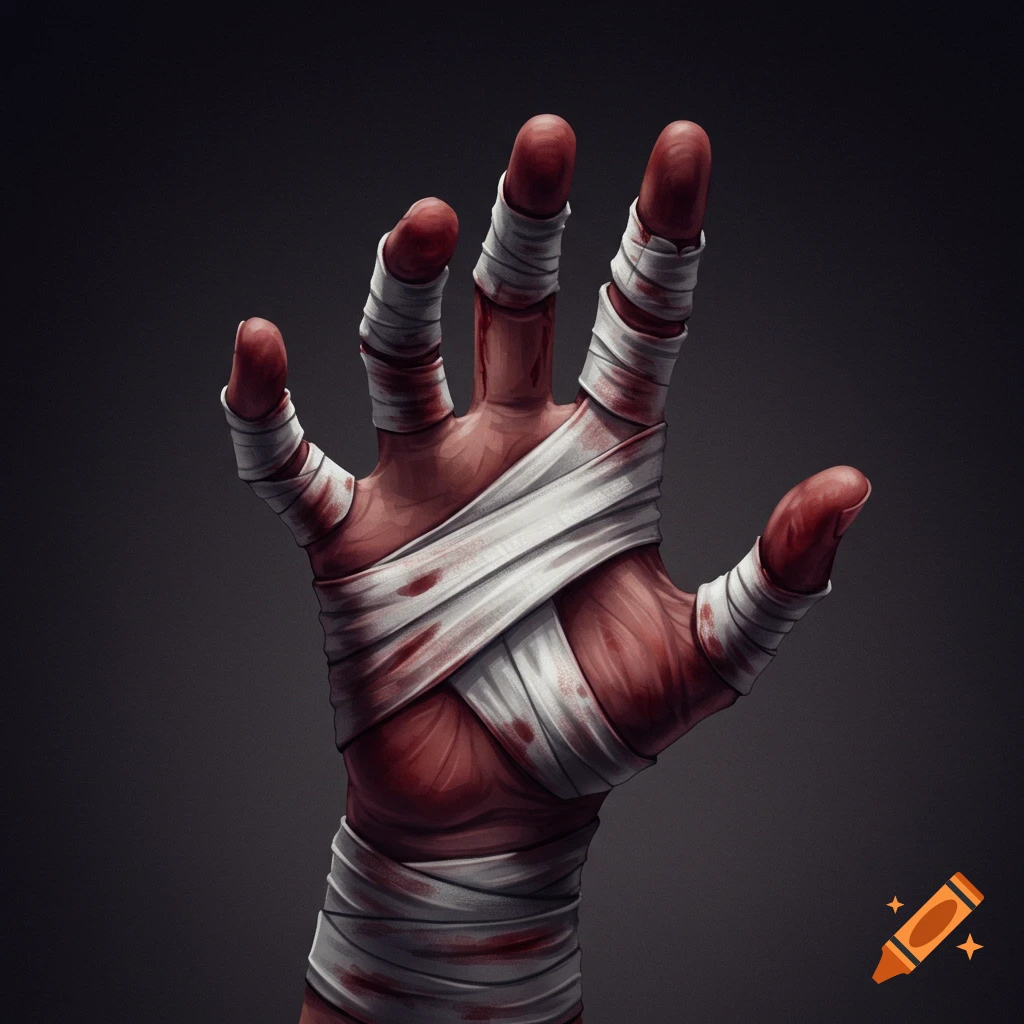 A hand covered in bloody bandages.