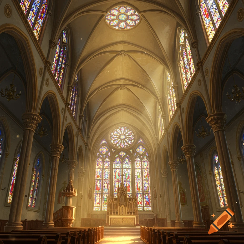Inside of a lovely and intricate church with stained glass windows and sunlight streaming in.