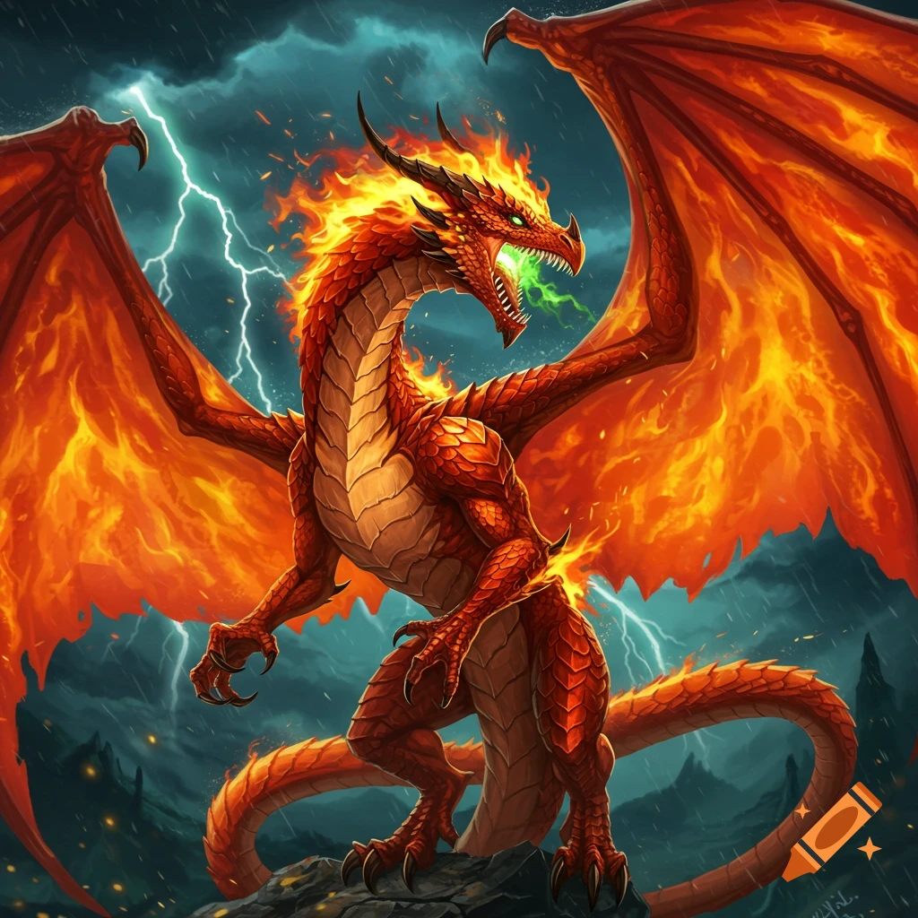 A large red fire dragon with fiery wings breathes green fire in a stormy, lightning-filled sky.