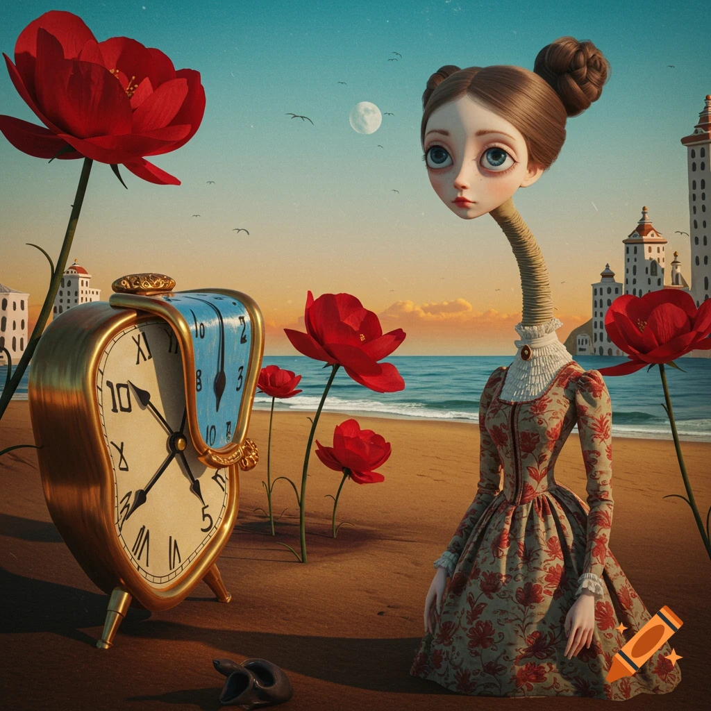 A surreal image of a long-necked figure, a melting clock, and large red flowers on a beach under a moonlit sky.
