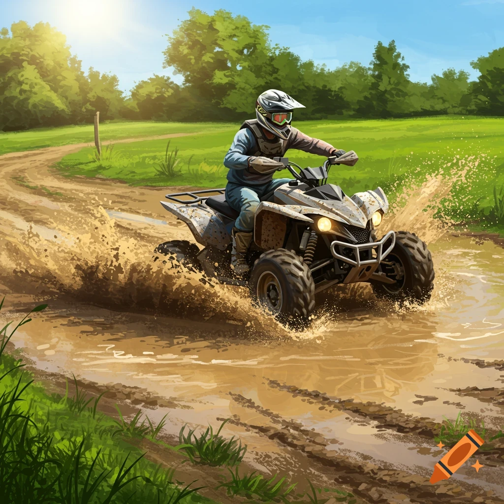 A person on an ATV drives through a muddy puddle in a sunny field.