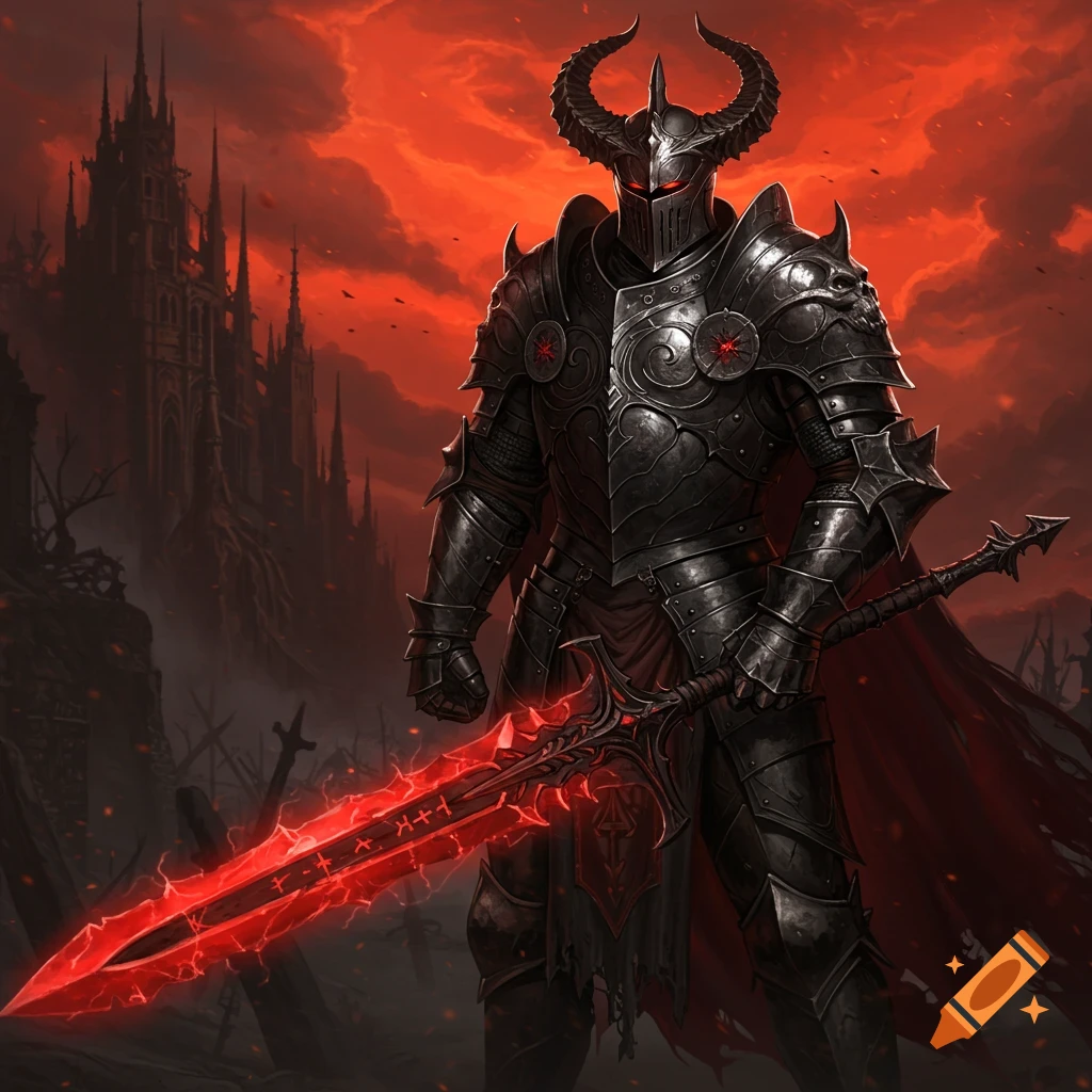 A demonic knight in dark armor with a glowing red sword against a stormy sky and castle.