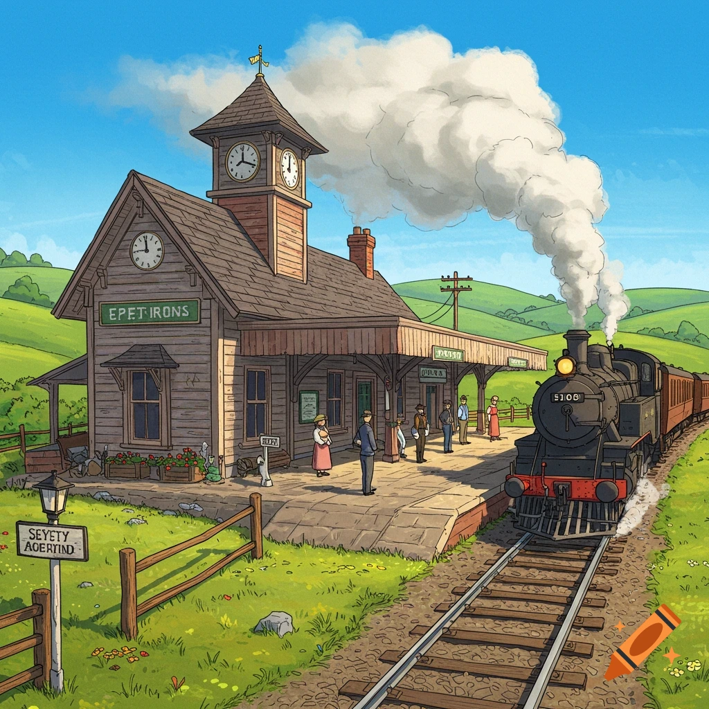 A rural train station with a train and passengers on the platform.