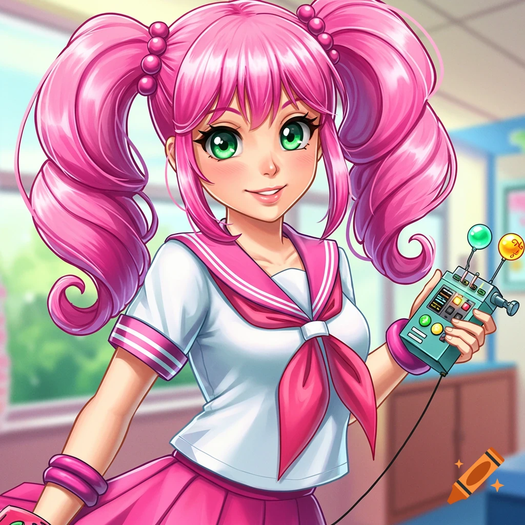 Anime style portrayal of a girl with pink pigtails in a sailor uniform holding a gadget.