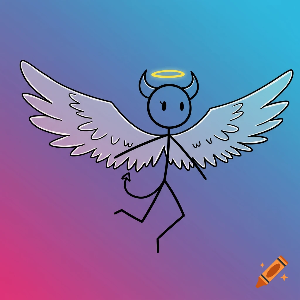 Stick figure with angel wings, halo, devil horns, and tail floating
