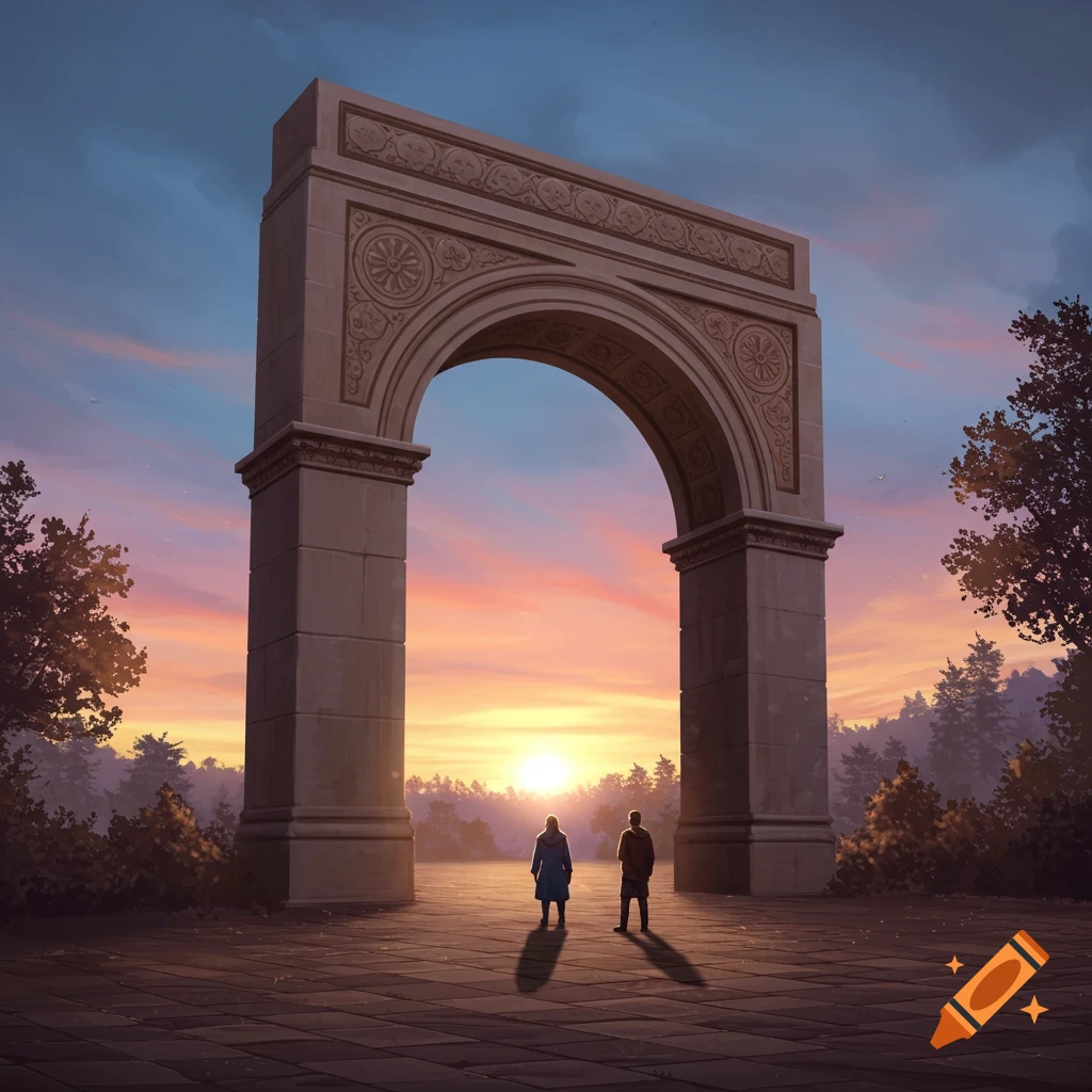 Two figures standing under a large stone arch at sunset with trees in the background.