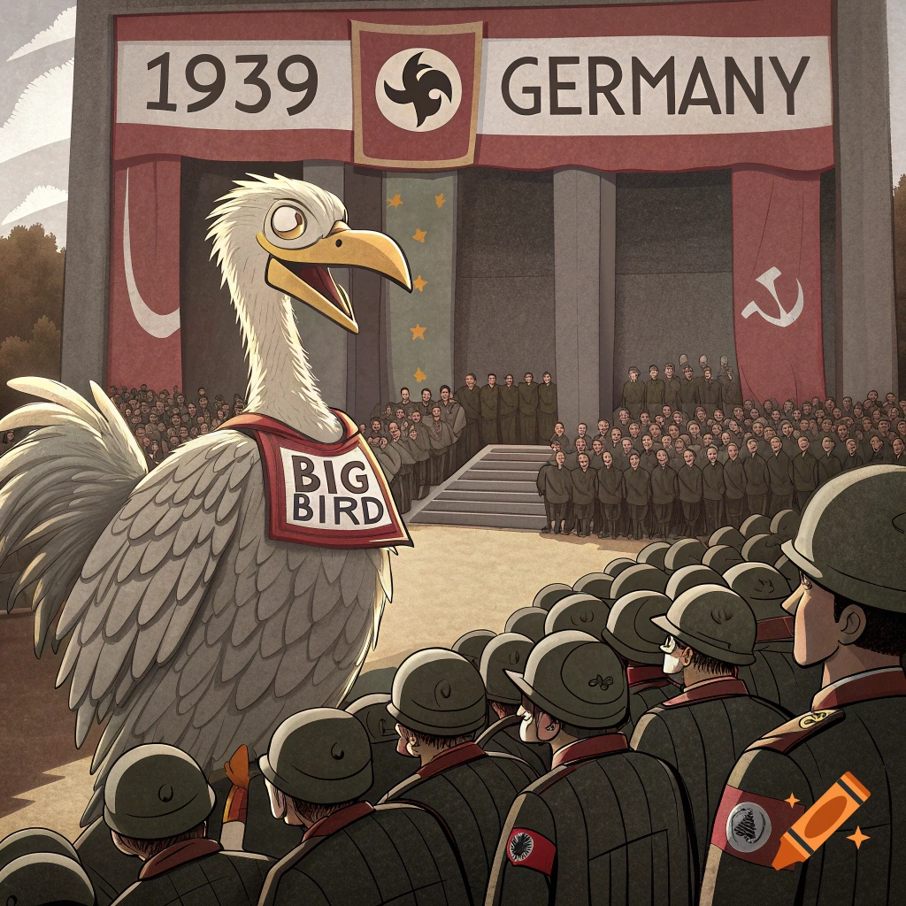 Big Bird at a large authoritarian rally in 1939 Germany, surrounded by soldiers.
