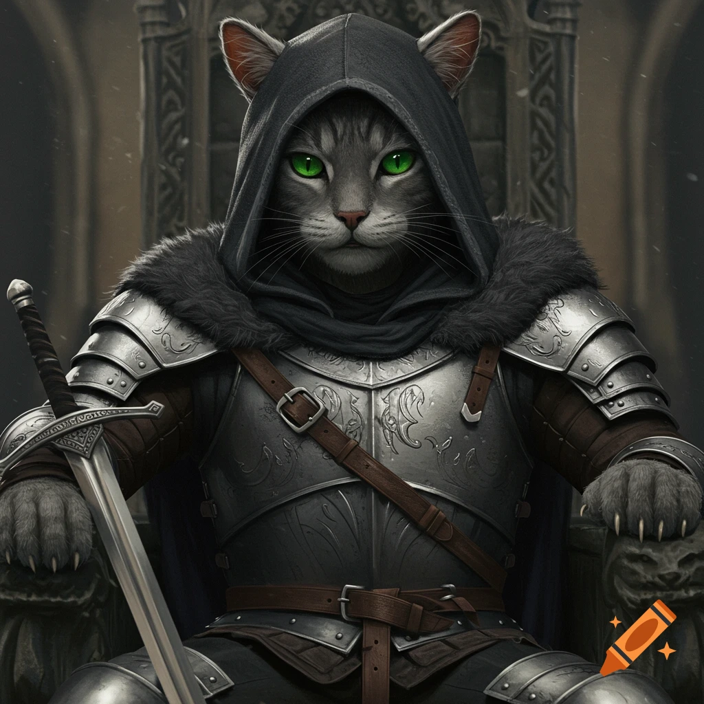 A grey cat wearing a hooded cloak and silver fantasy armor sits on a stone throne, holding a sword.