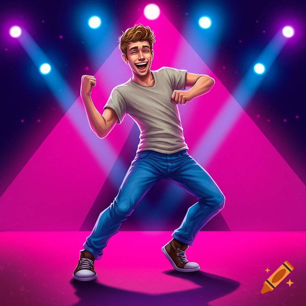 Cartoon illustration of a young man dancing on a stage under spotlights.